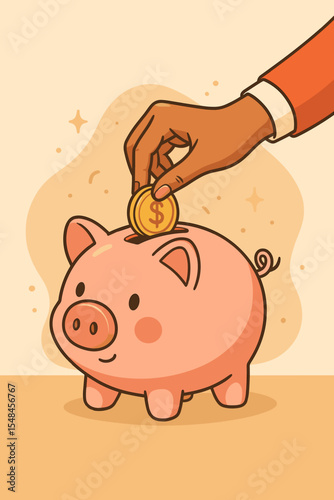 Black hand putting a dollar coin in a pink piggy bank. Savings and investment concept for financial planning, wealth accumulation, retirement fund, and budget management. Vector illustration.