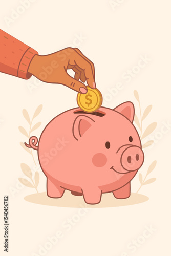 Woman's hand putting a gold dollar coin into a pink piggy bank. Concept of savings, investment, personal finance management, budget planning, and making a deposit for the future.