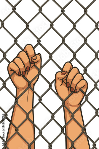 Woman’s Hands Gripping Wire Mesh Fence Symbolizing Struggle for Freedom and Escape Concept Vector Cartoon Illustration of Resistance and Imprisonment