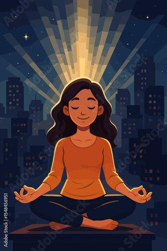 Woman meditating on rooftop with night city skyline background. Concept of inner peace, mindfulness, spiritual enlightenment, calm and stress relief in urban life. Vector illustration.