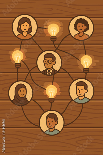 Global business teamwork and collaboration concept. Diverse people in a mind map network with light bulbs. Metaphor for brainstorming, creative ideas, communication, and innovation.