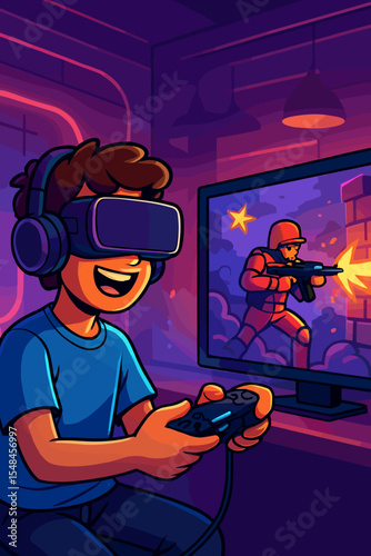 Young gamer wearing VR headset playing video game. Boy with controller immersed in virtual reality shooter game. Neon lit room. E-sport, cyberspace, metaverse concept. Vector cartoon.