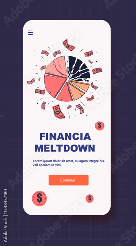Broken pie chart financial crisis money loss shattered graph flying dollar bills mobile app screen dark background