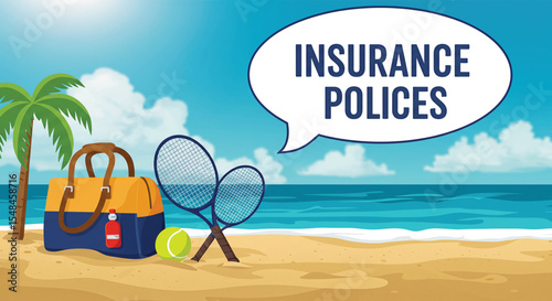 Insurance Policy Vacation: A vibrant illustration depicts a beach scene with the phrase "insurance policies" suggesting carefree vacation planning.