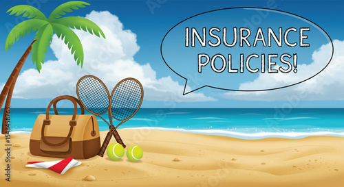 Summer Insurance Policy: Beach scene with insurance policy bubble, conveying a sense of peace of mind. Featuring a beach, with palm tree, beach bag, tennis racket, and two tennis balls.