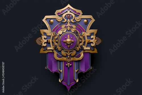 Prize badge vector logo with shield elements and purple gold color scheme