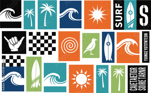 Retro surf seamless pattern. Bold graphic elements: palm trees, waves, sun, surfboards, shaka hand. Surfing background.