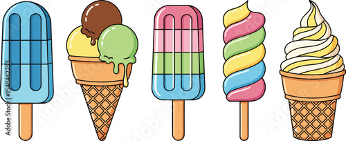 A vector set of five different ice cream treats. Popsicle, cone with scoops, layered pop, twist pop, soft serve. Ice cream illustrations.