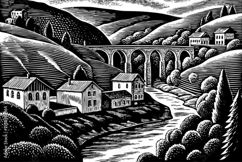 Riverside village nestled among terraced hills and ancient stone bridges black and white sketch vector