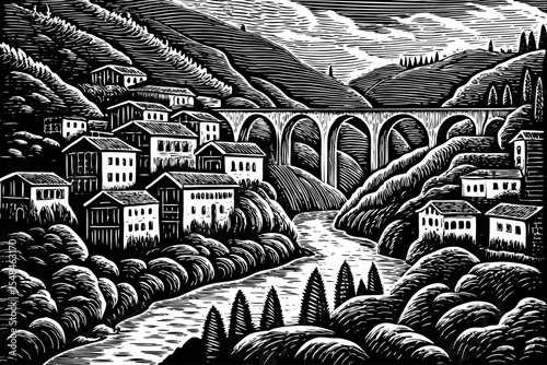 Riverside village nestled among terraced hills and ancient stone bridges black and white sketch vector