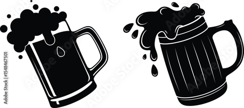 Set of Beer Mugs with Foam Silhouette Style Isolated on White Background for Bar Design

