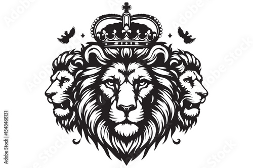 Roaring lion head vector illustration on black, perfect for a wild animal tattoo design or tribal mascot logo