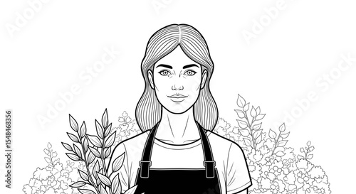 Woman in apron holding a plant among flowers in black and white illustration style