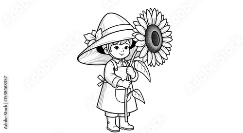 Child holding a sunflower wearing a hat in black and white illustration style