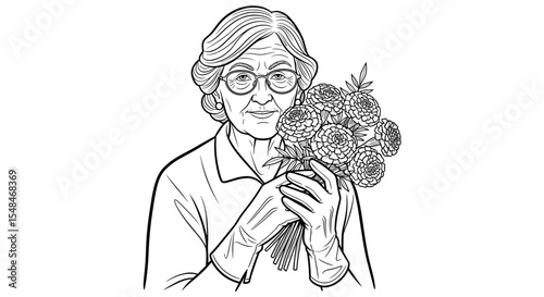Elderly woman holding a bouquet of flowers in black and white illustration style