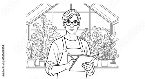 Gardener in a greenhouse holding a clipboard in black and white illustration style