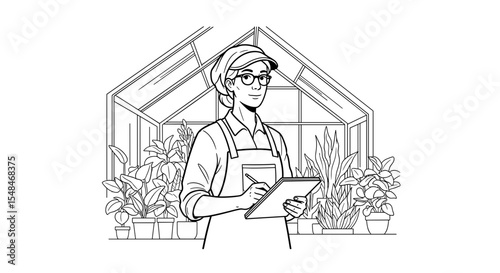 Gardener with clipboard in greenhouse surrounded by plants in black and white illustration style