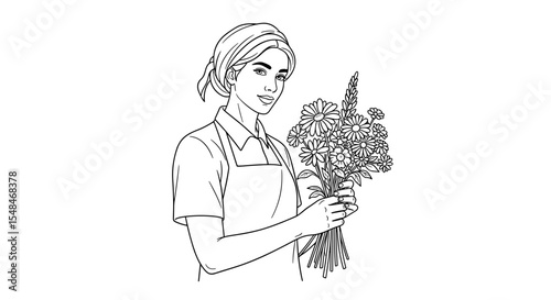 Woman holding a bouquet of flowers in a floral apron in black and white illustration style