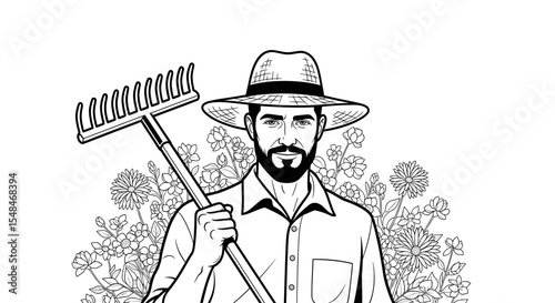 Bearded gardener holding a rake in front of flowers in black and white illustration style