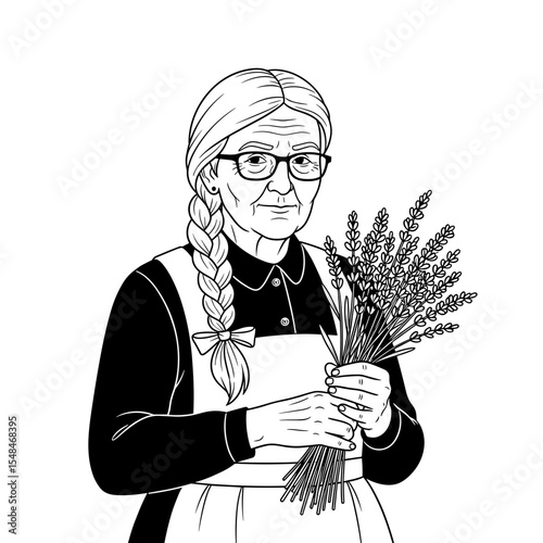 Elderly woman holding a bouquet of lavender in black and white illustration style