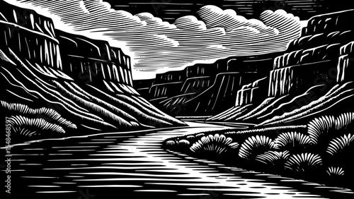 Desert river winding through sandstone formations under open sky, a black and white sketch vector