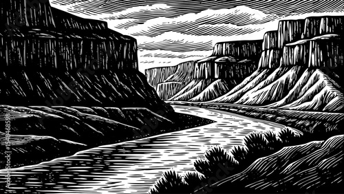 Desert river winding through sandstone formations under open sky, a black and white sketch vector