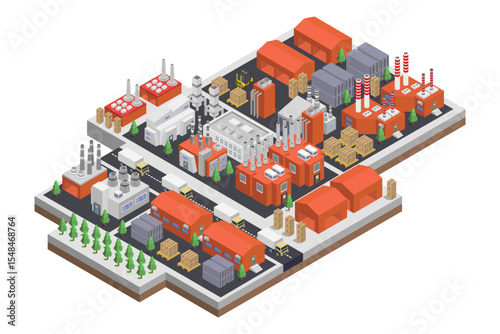 Industrial complex with cooling towers isometric