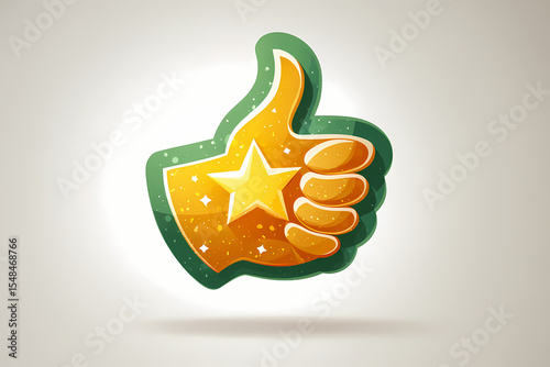 Thumbs up with star vector logo in customer satisfaction style with green and gold sparkle effect