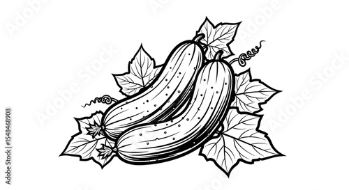 Two cucumbers surrounded by leaves in black and white illustration style