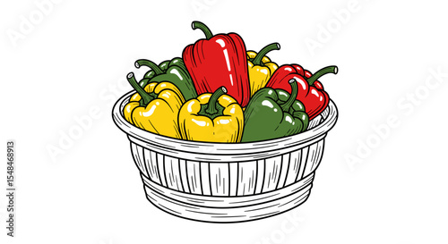 Vibrant basket of colorful bell peppers in illustration style