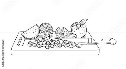 Chopping board with cut fruits and knife in black and white illustration style