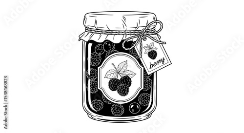 Jar of homemade berry jam with tag in black and white illustration style