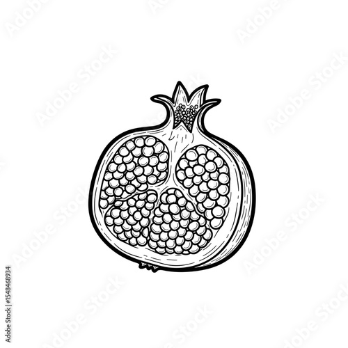Pomegranate fruit illustration in black and white style with details