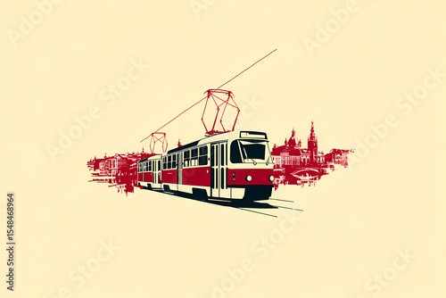 European Tram Vector Logo with Cityscape Silhouettes