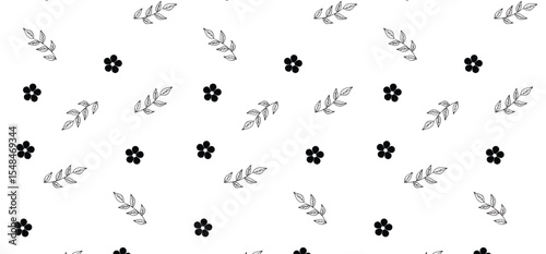 Hand Drawing Floral Seamless Pattern - Black and white scatter pattern with flower and leaf