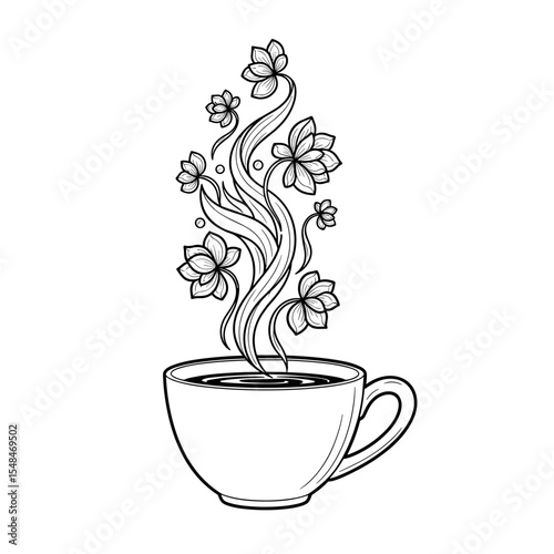 Cup of coffee with steaming flowers illustration in black and white