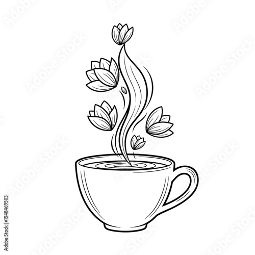 Cup of tea with steaming flowers illustration in black and white