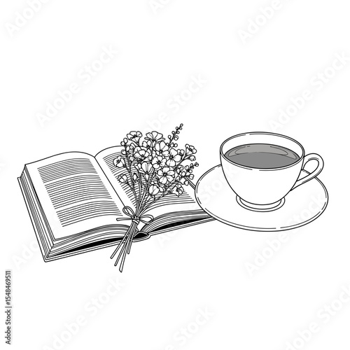 Open book with a tea cup and a bouquet of flowers in black and white illustration