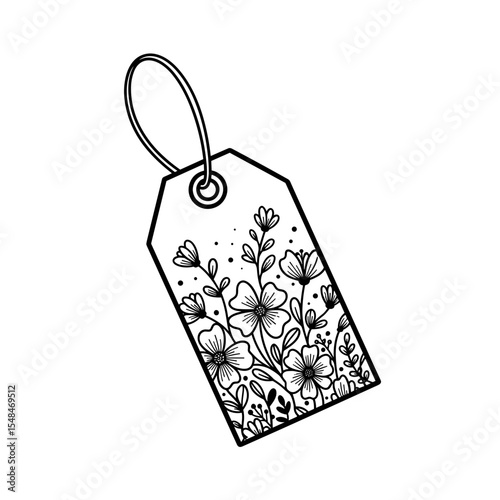 Floral gift tag illustration with intricate flower design in black and white