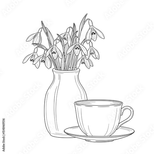 Illustration of snowdrops in a vase with a tea cup and saucer in black and white
