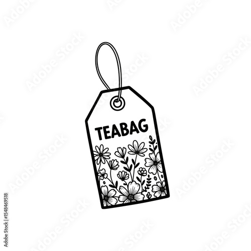 Floral teabag tag illustration with bold text in black and white
