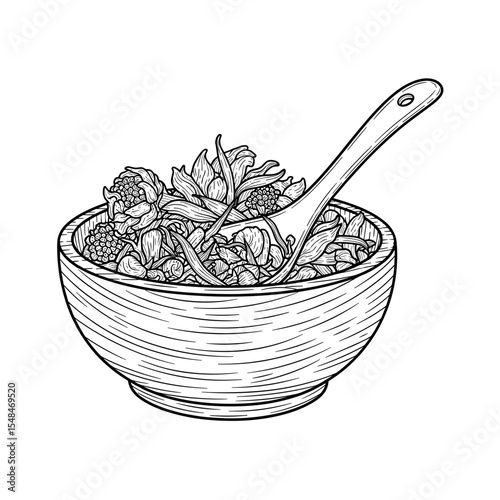 Bowl of dried berries and herbs for tea preparation in black and white sketch style