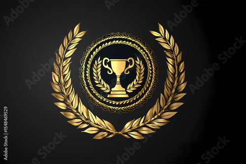 Trophy medal vector logo design in gold and black with laurel wreath