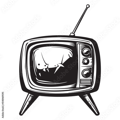 Silhouette of Old Television, Vintage black and white illustration of an old television with antennas, Vintage TV