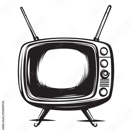 Silhouette of Old Television, Vintage black and white illustration of an old television with antennas, Vintage TV