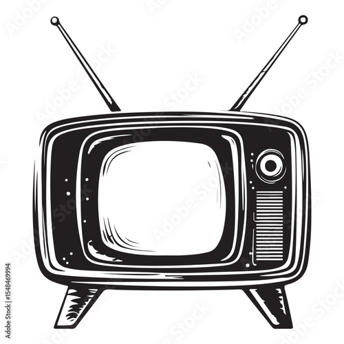 Silhouette of Old Television, Vintage black and white illustration of an old television with antennas, Vintage TV