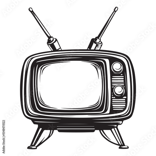 Silhouette of Old Television, Vintage black and white illustration of an old television with antennas, Vintage TV
