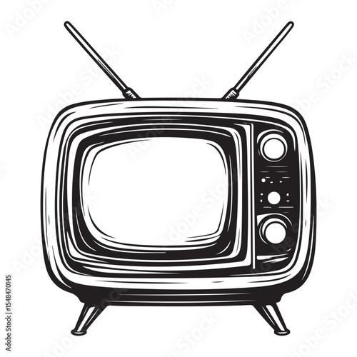 Silhouette of Old Television, Vintage black and white illustration of an old television with antennas, Vintage TV