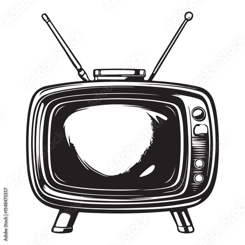 Silhouette of Old Television, Vintage black and white illustration of an old television with antennas, Vintage TV