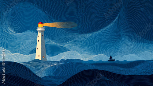Stylized Lighthouse Vector with Ocean Waves for World Maritime Day and Nautical Awareness Themes